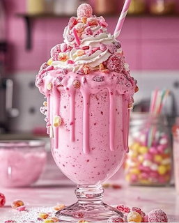 Pink milkshake in a glass topped with whipped cream, candy, and a straw