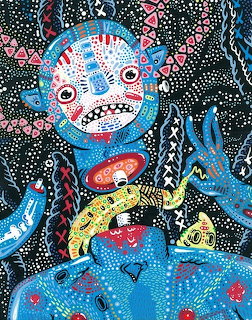 Blue mosaic cat with large eyes, flowers, and stars on dark dotted background