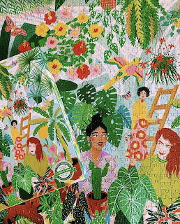 Illustration of women among tropical plants and colorful flowers in a lush garden