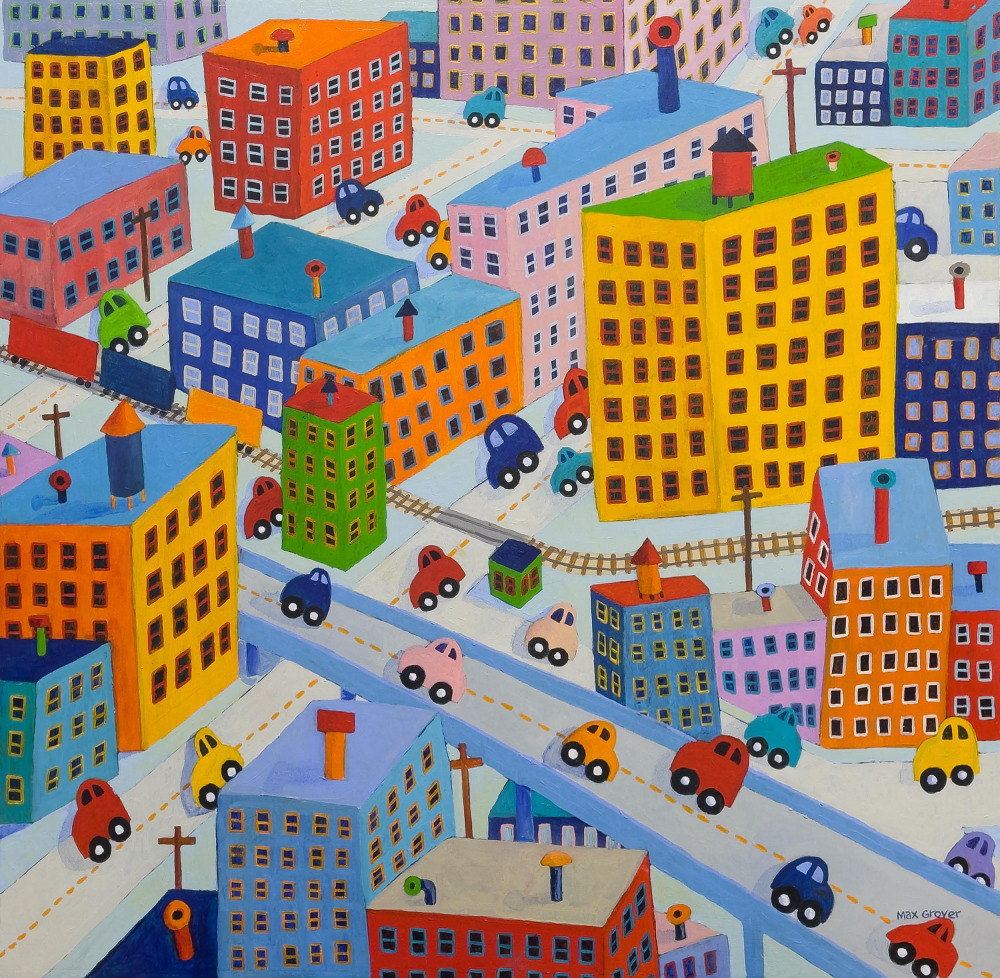 Colorful painting of city buildings and cars on streets in geometric mosaic style