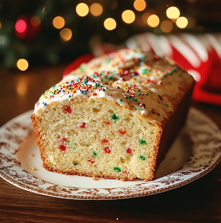 Confetti cake loaf with frosting and rainbow sprinkles on a decorative plate