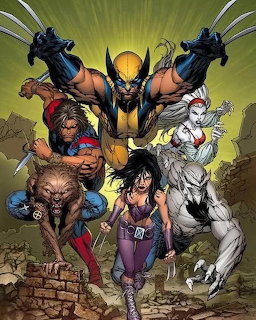 Comic-style X-Men group illustration with Wolverine in front and other mutants behind him