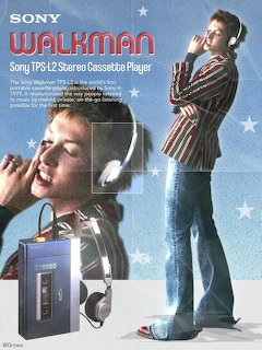 Retro Sony Walkman TPS-L2 advertisement with a teen wearing headphones in 1970s style clothing