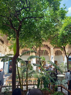 Green trees and tropical plants in a Moroccan courtyard with traditional architecture and people walking