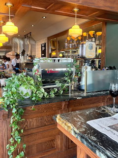Cafe interior with wooden bar counter, espresso machine, trailing green plants, and yellow pendant lights