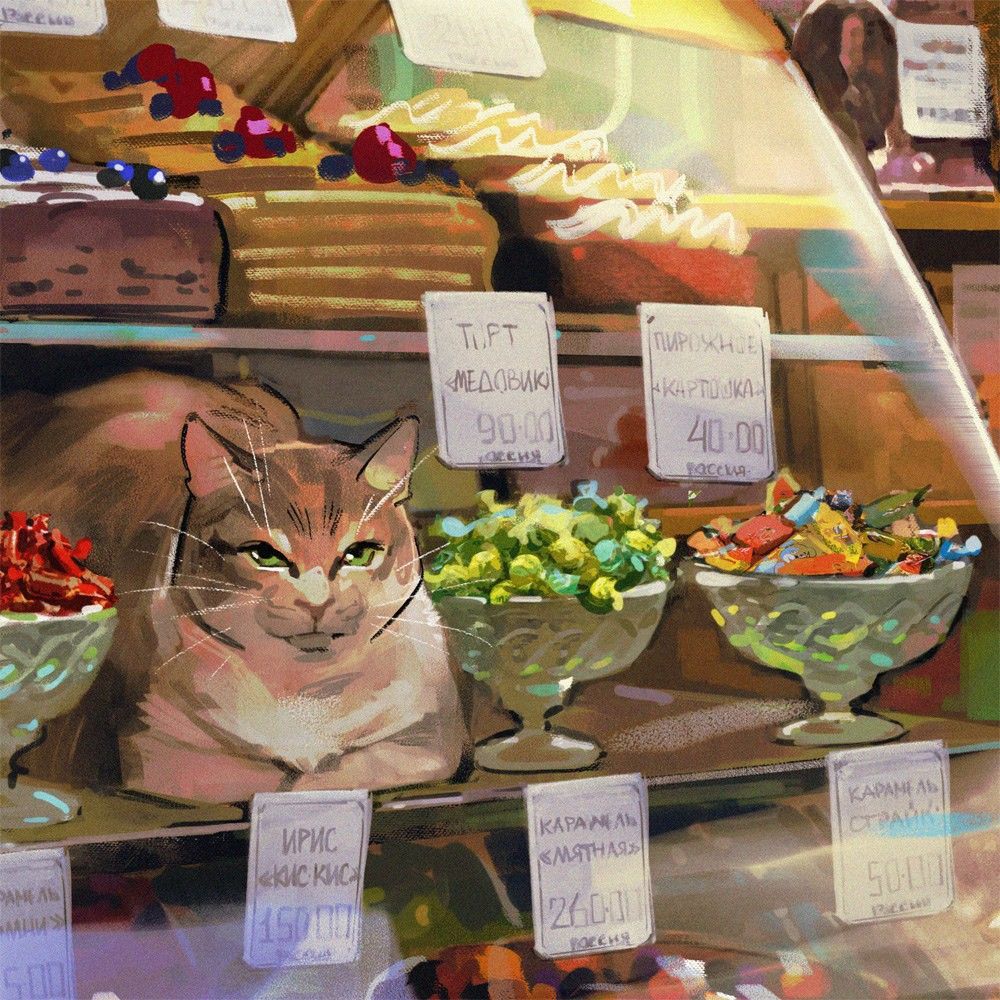 Striped cat sitting at produce market stall with vegetables and fruits in bowls