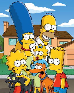 The Simpson family group portrait with their pets in front of their home