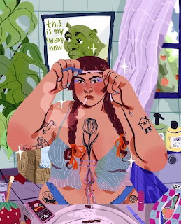 Illustration of a tatooed woman with braids cutting her bangs in a clutered bathroom with a green ogre behind her