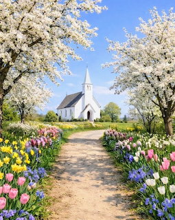 White church with steeple surrounded by spring blossoms and tulip-lined path