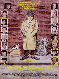 The Cheap Detective movie poster with detective in tan coat on brick wall background surrounded by cast photos