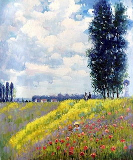 Monet impressionist painting of figures in colorful meadow with trees and cloudy sky