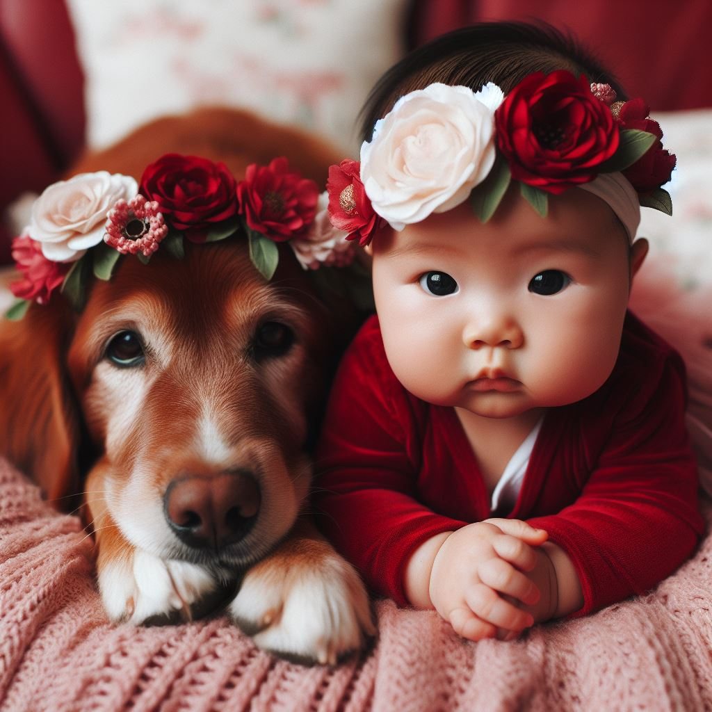 Baby and Dog with Flowers