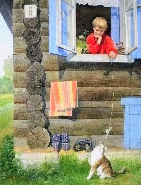 Painting of a boy at a window playing with a cat below a log house