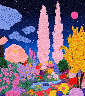 Whimsical garden scene with colorful flowers, trees, and pink moon in starry night sky