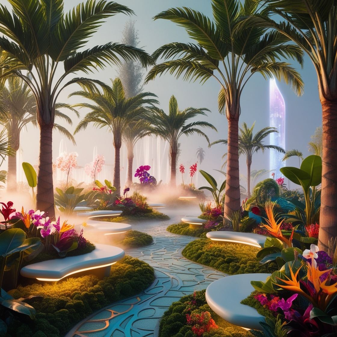 Illustrated futuristic garden with palm trees, bright flowers, and winding paths in soft glowing light
