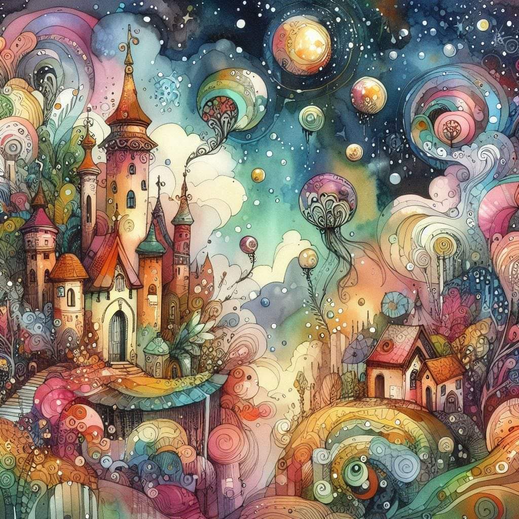 Fantasy castle with colorful swirling orbs and whimsical mushroom houses under a starry sky