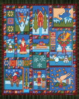 Colorful Christmas-themed patchwork quilt with Santa, reindeer, angels, snowflakes and festive patterns in blue and red