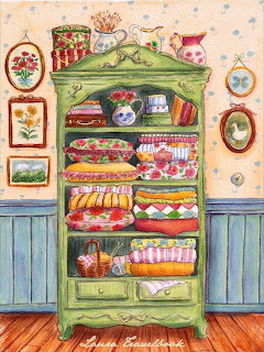 Illustrated green cupboard displaying colorful dishware, teapots, and folded linens in a cottage kitchen