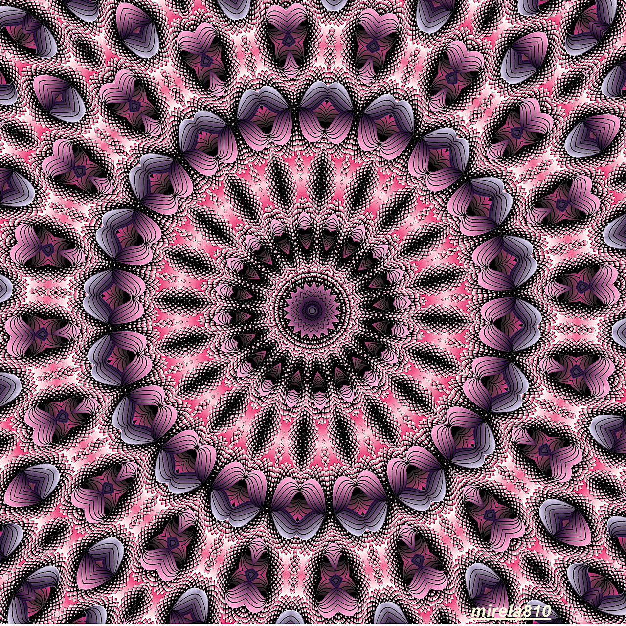 Circular mandala with pink and purple geometric patterns in symmetrical design