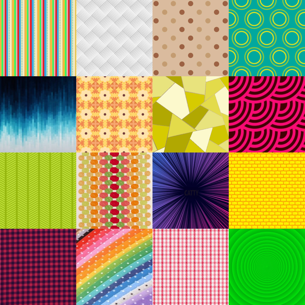 Grid of 16 colorful pattern squares including stripes, dots, waves, geometric designs, and gradients