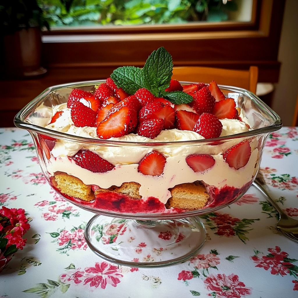 Glass bowl of strawberry tiramisu topped with sliced strawberries and mint leaves