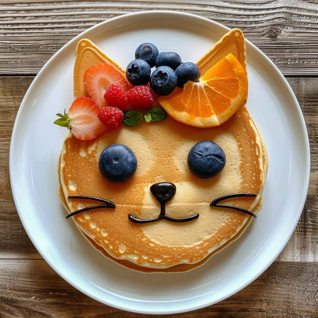 Pancake shaped like a cat face with blueberry eyes, orange slice ears, and fresh fruit on a white plate
