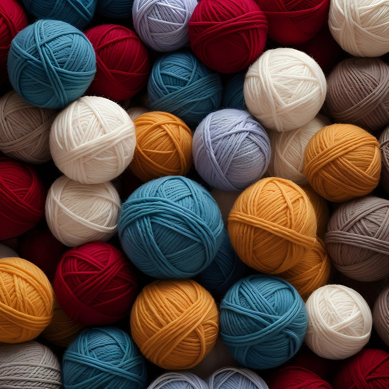 Colorful yarn balls in various colors including red, blue, yellow, white, and brown arranged in a group