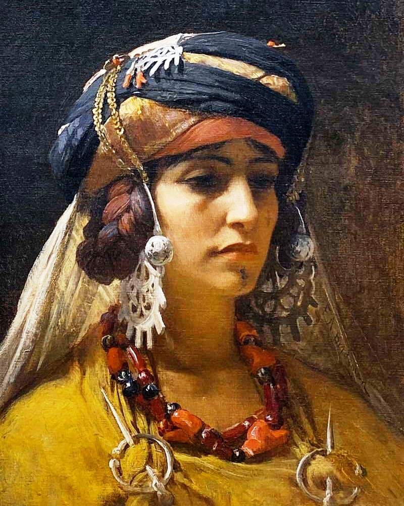 Oil painting of woman in Middle Eastern dress with headpiece, veil and jeweled necklace against dark background