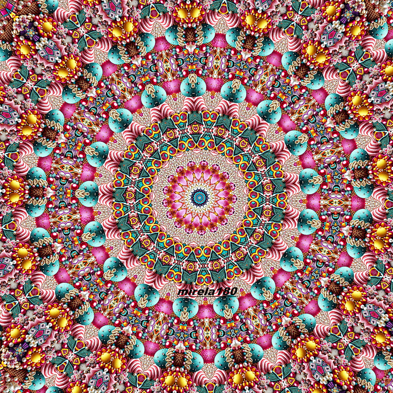 Detailed circular mandala with vibrant symmetrical patterns in pink, turquoise, orange and red radiating from center