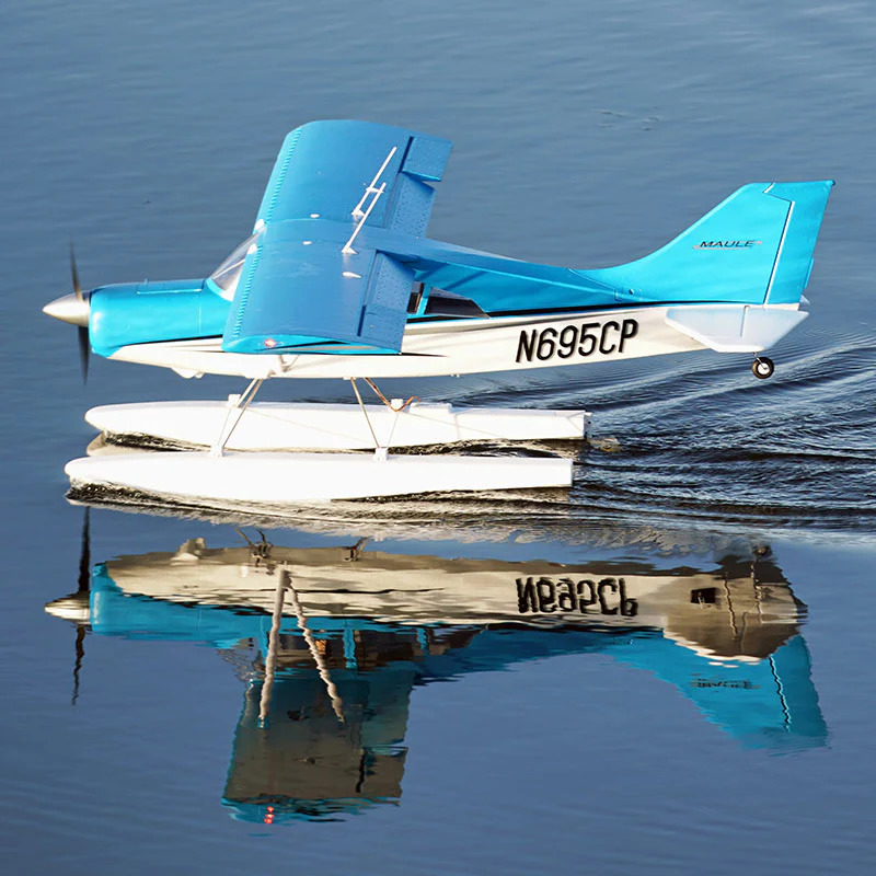 Blue Maule seaplane with floats on calm water showing clear reflection