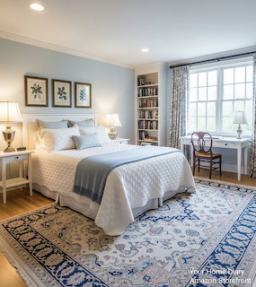 Light blue bedroom with white bed,ookshelves, patterned rug, and window with floral curtains