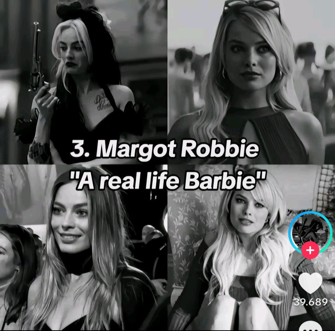 Black-and-white collage of Margot Robbie portraits with caption text over the images