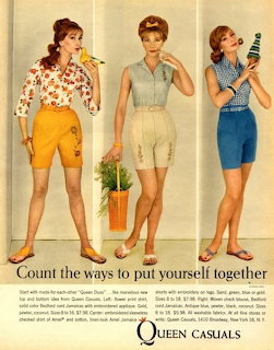 Three women in 1960s casual wear: polka dot top with yellow shorts, gray outfit, and blue checkered top with blue shorts