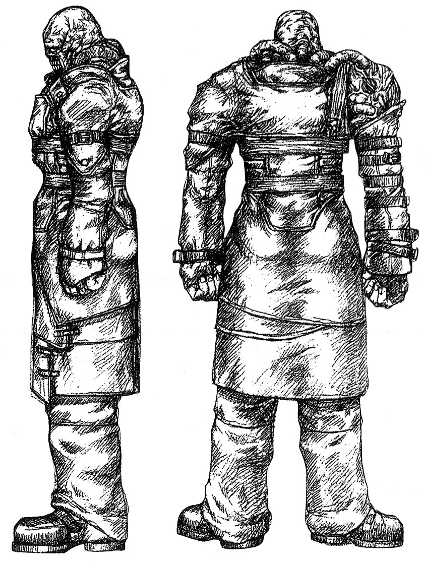 Black and white sketch of Nemesis from Resident Evil 3, front and back character concept art