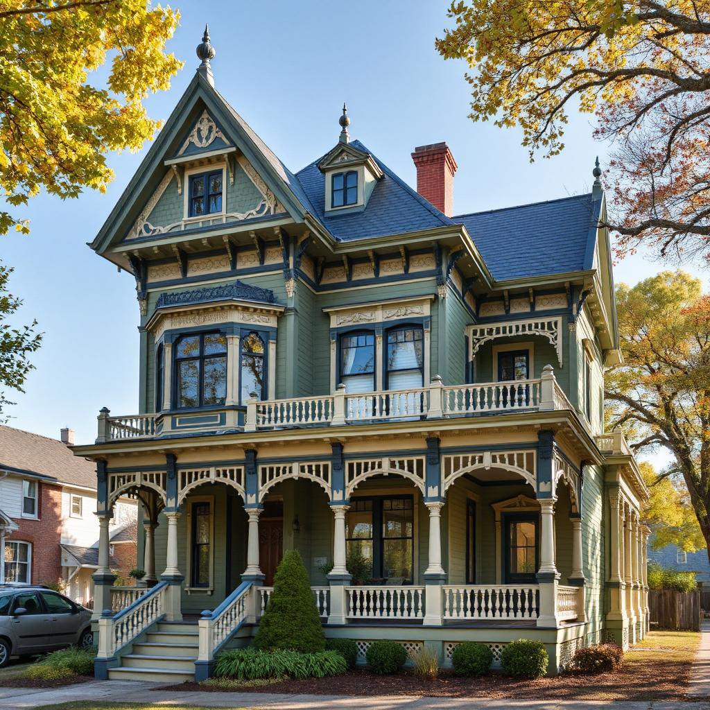 Victorian house with blue roof, ornate trim, wrap-around porches, surrounded by fall trees