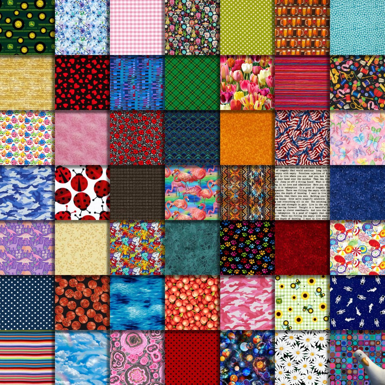 Grid of 64 colorful fabric squares with various patterns including florals, polka dots, stripes, and abstract designs
