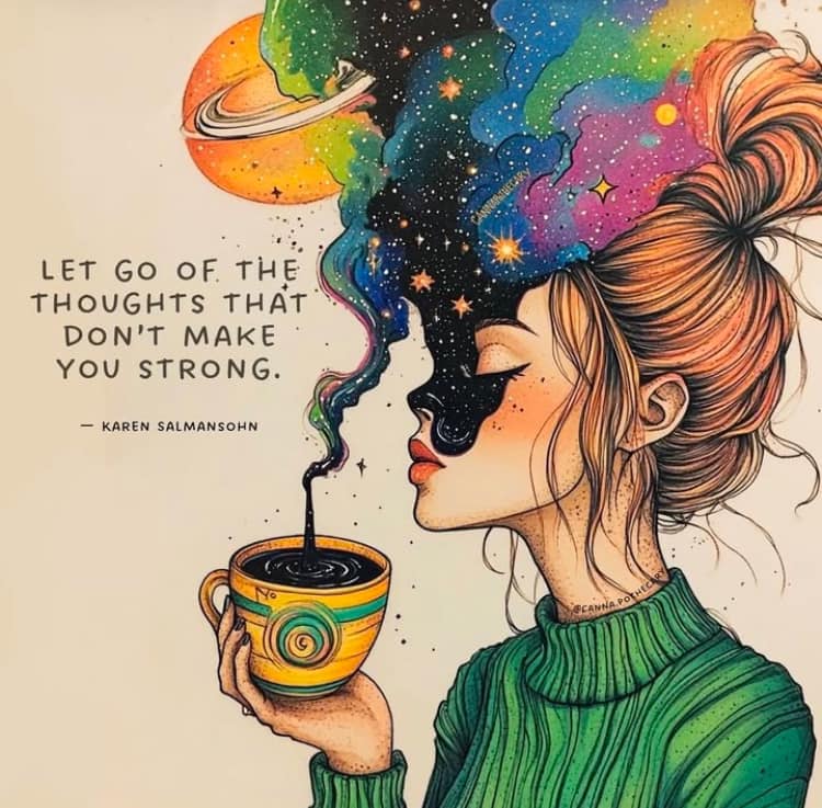 Illustration of a woman with a cup and colorful cosmic smoke beside a handwritten quote