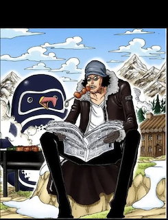 Anime man in black coat and sleep mask reading newspaper with mountain backdrop