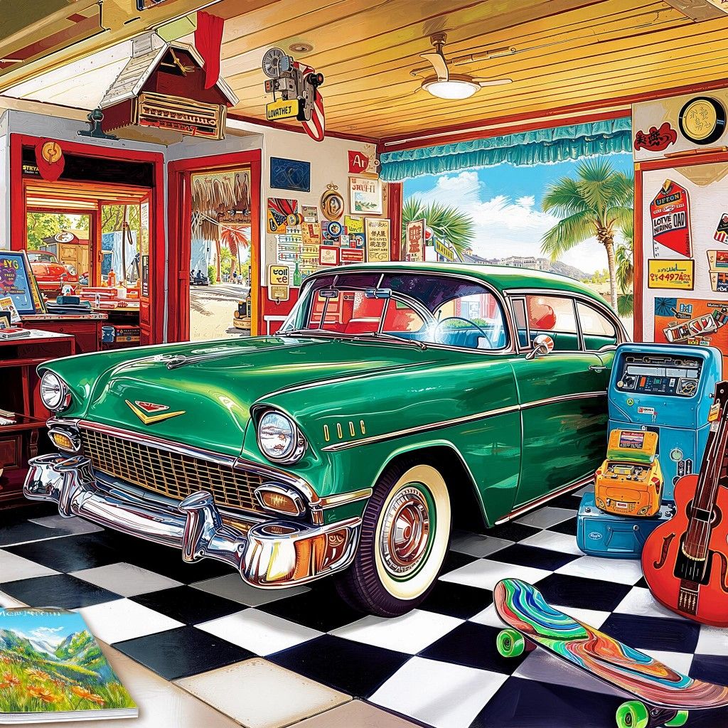 Green vintage car inside a colorful retro garage with a black-and-white checkered floor