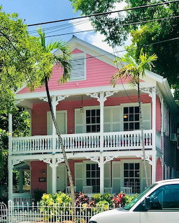 Pink two-story tropical house with white trim, porch, palm trees, and a white fence
