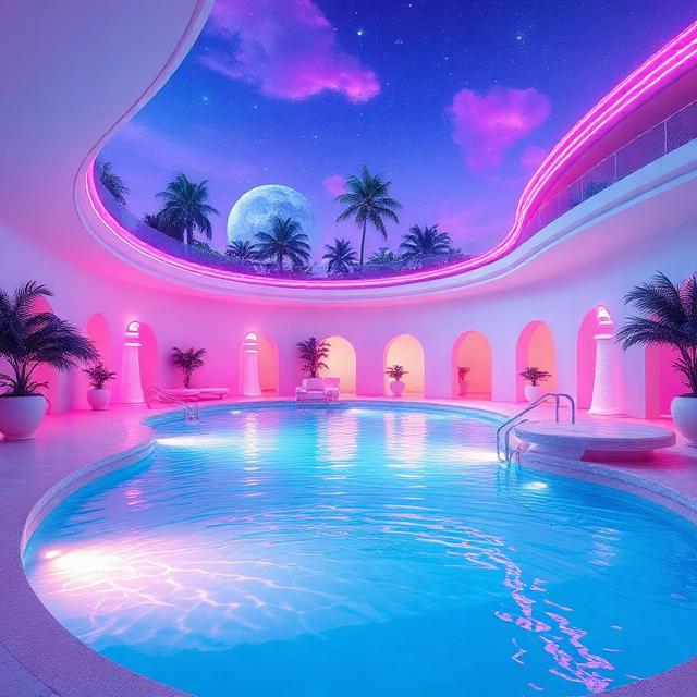 Futuristic neon swimming pool with pink arches, blue water, palm trees, and a twilight sky