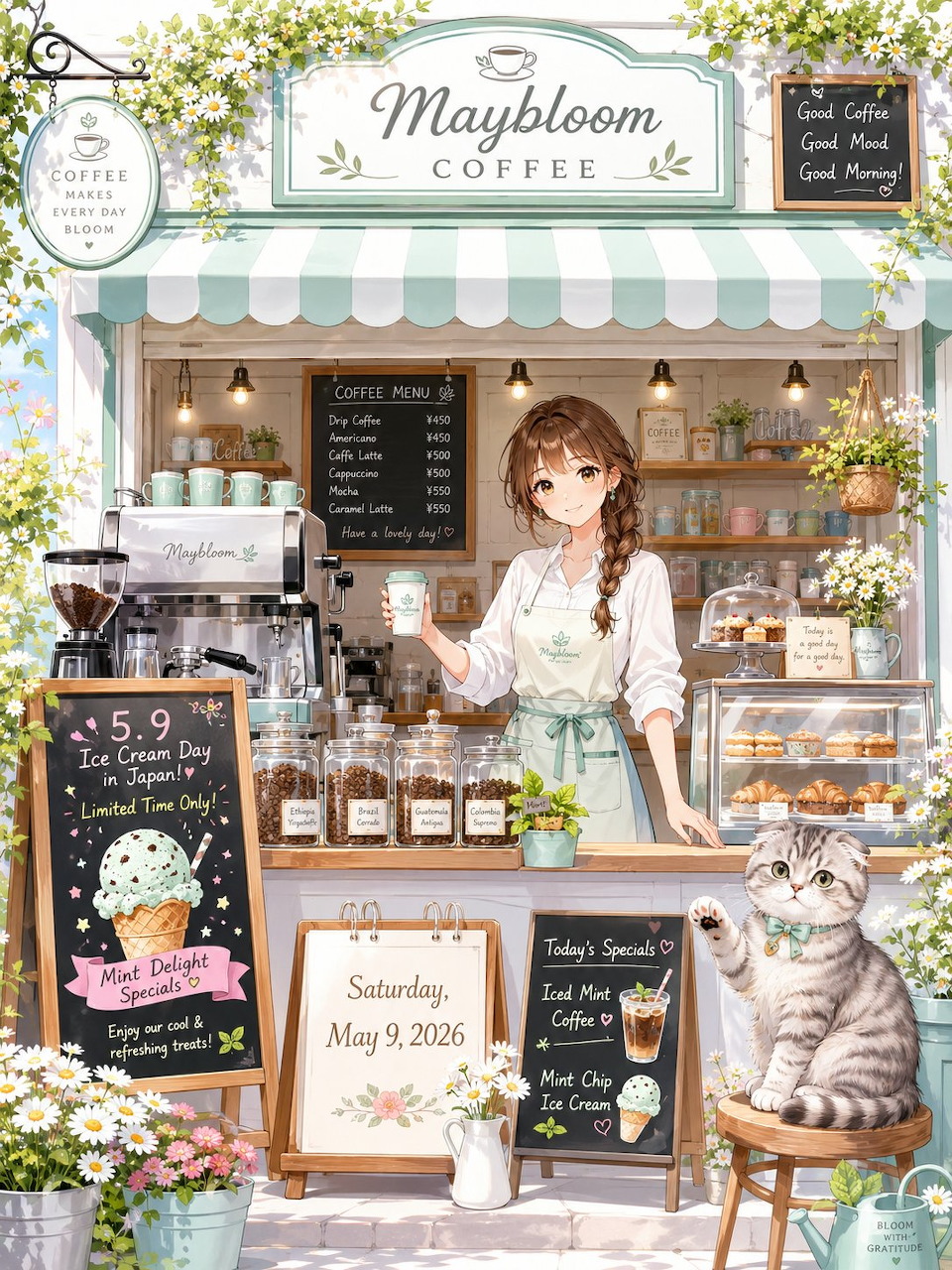 Anime style illustration of a cute pastel cafe shop with girl barista, flowers, menu boards, and tabby cat