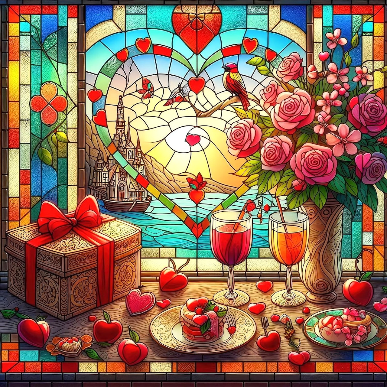 Stained glass heart window with roses, wine glasses, chocolates and Valentine gifts on table