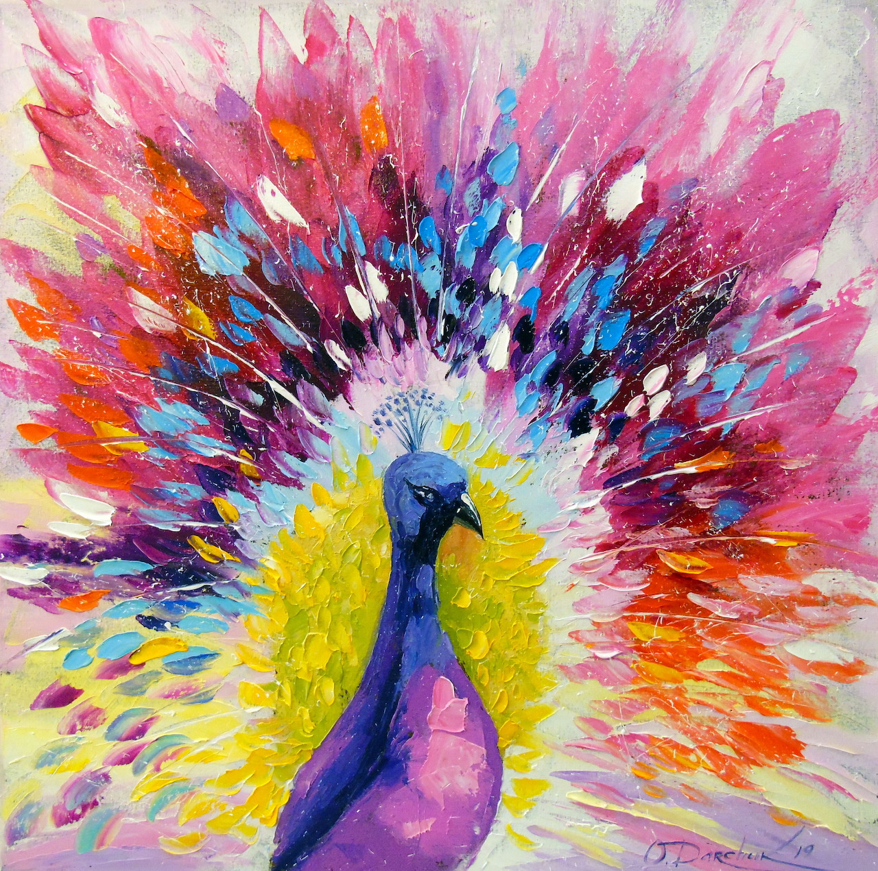 Impressionist painting of peacock with vibrant colorful feathers spreading in radial burst pattern