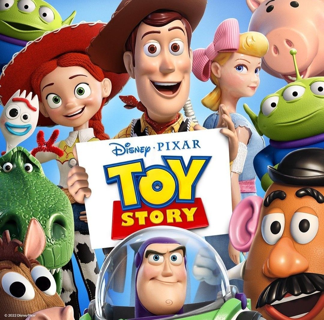 Toy Story movie poster with Woody, Buzz, and other characters surrounding the title logo