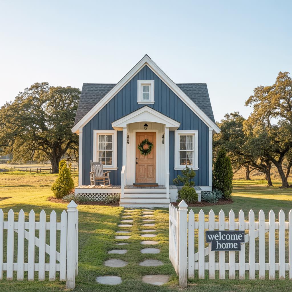 Small blue cottage with white picket fence and stone walkway in sunny yard with trees