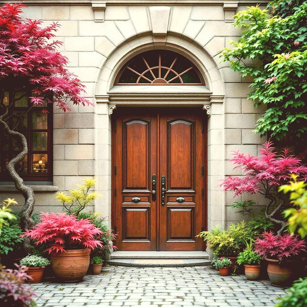Ornate wooden double door with fanlight window, flanked by pink Japanese maples and potted flowers on cobblestone path