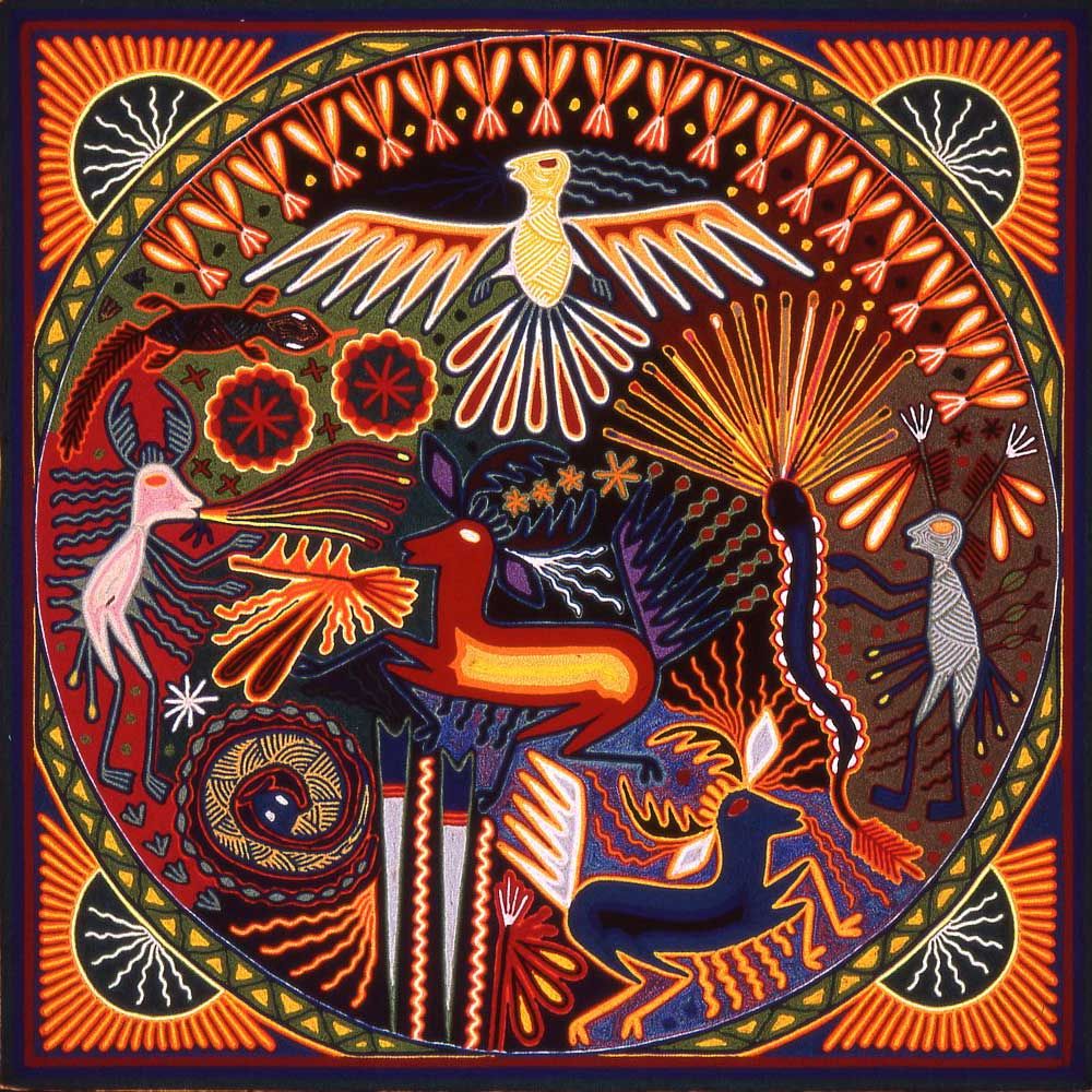 Colorful Huichol yarn art with deer, birds, and geometric patterns in orange, red, and blue