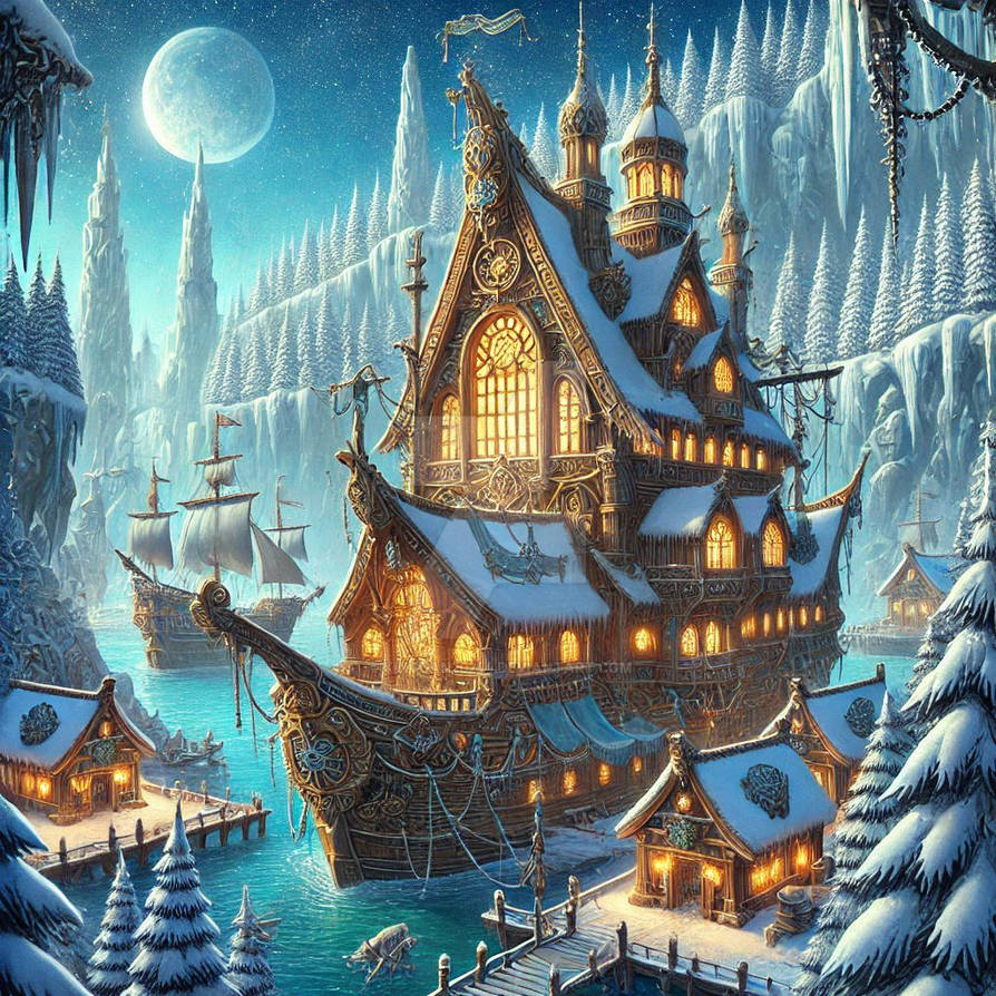 Illuminated fantasy ship-castle sailing through snowy winter night scene with full moon and pine trees