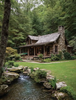 Log cabin with stone chimney next to a peaceful creek flowing through a green forest lawn